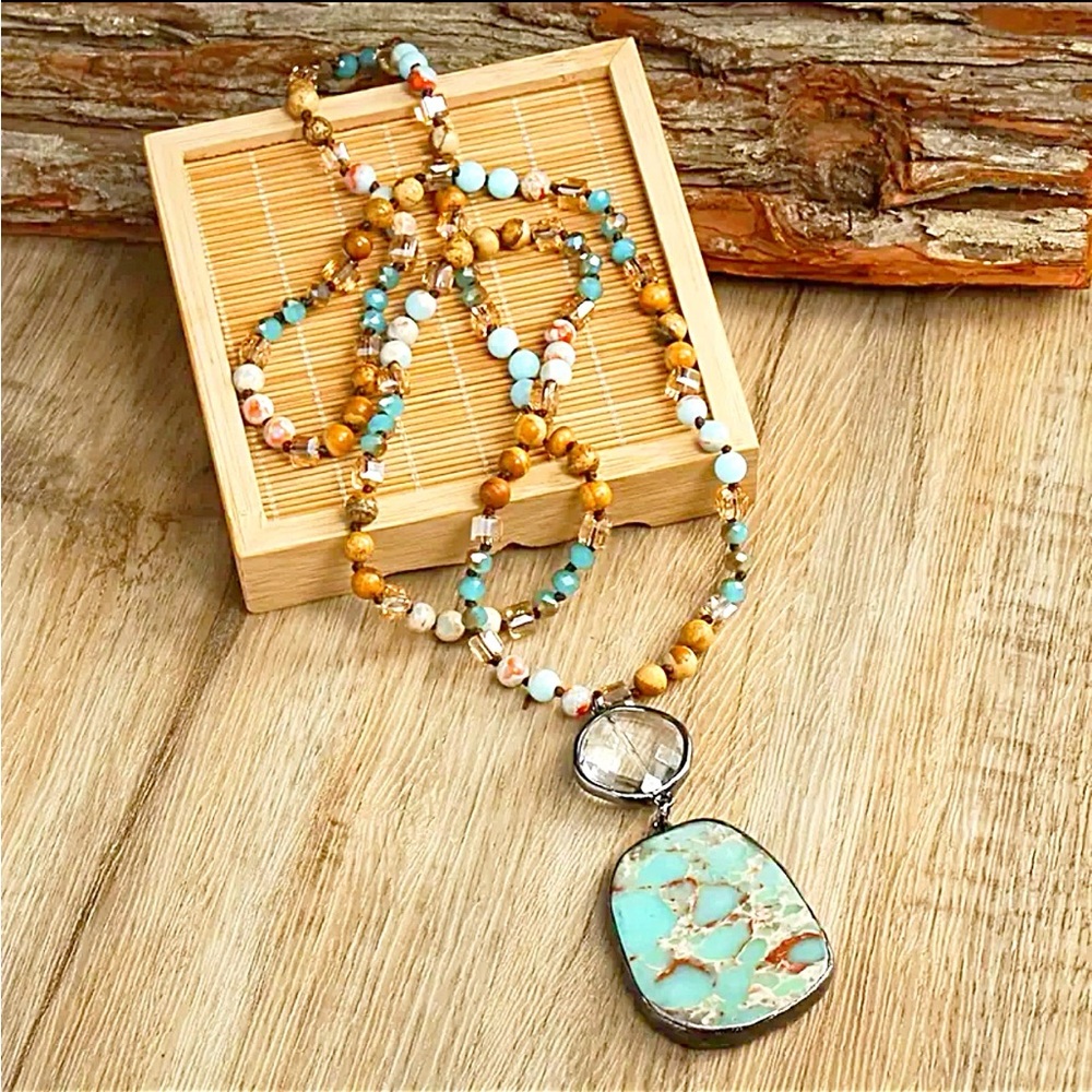 Boho Chic Turquoise & Mixed Gemstones Hand Knotted Chain Necklace, 34” Long, New